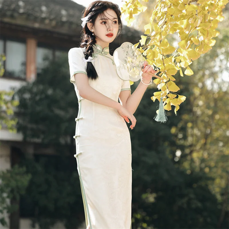 Full Length Floral Cheongsam Dress Long and Breathable Qipao with Frog Buttons Tunics Polka dots