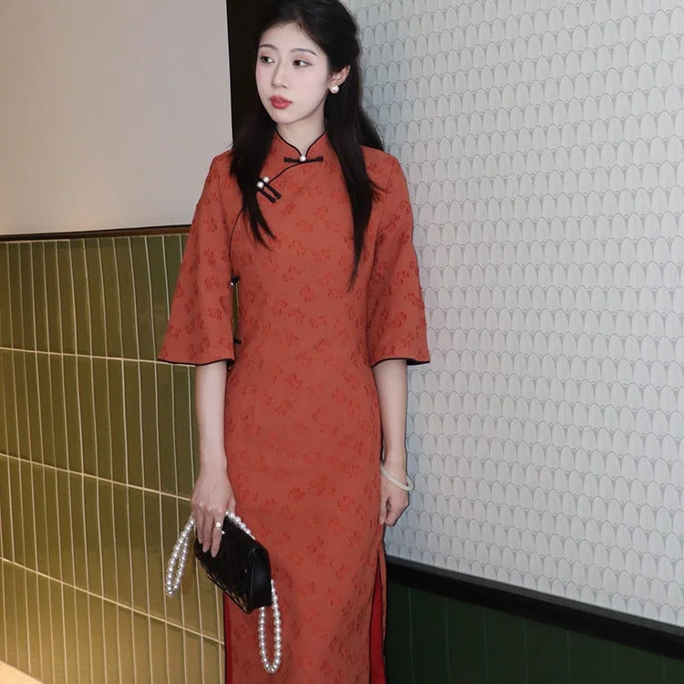 Vintage Retro Qipao Dress with Jacquard Fabric Stand Collar High Slit and Trumpet Sleeves Tunics Hiking breathable