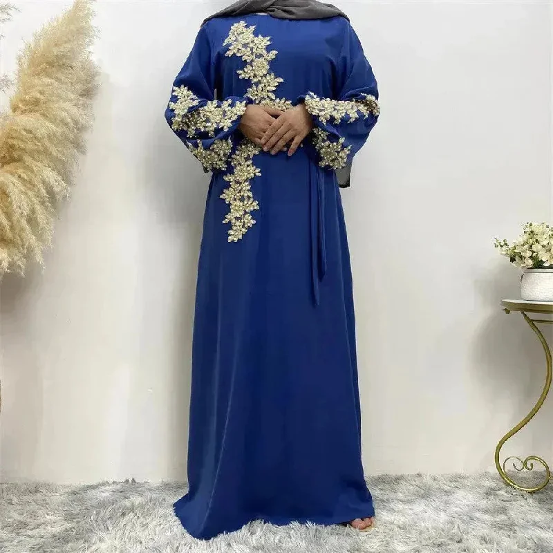 Fashion Lace Beaded Arab  Dress Women Tunics Silk luxurious