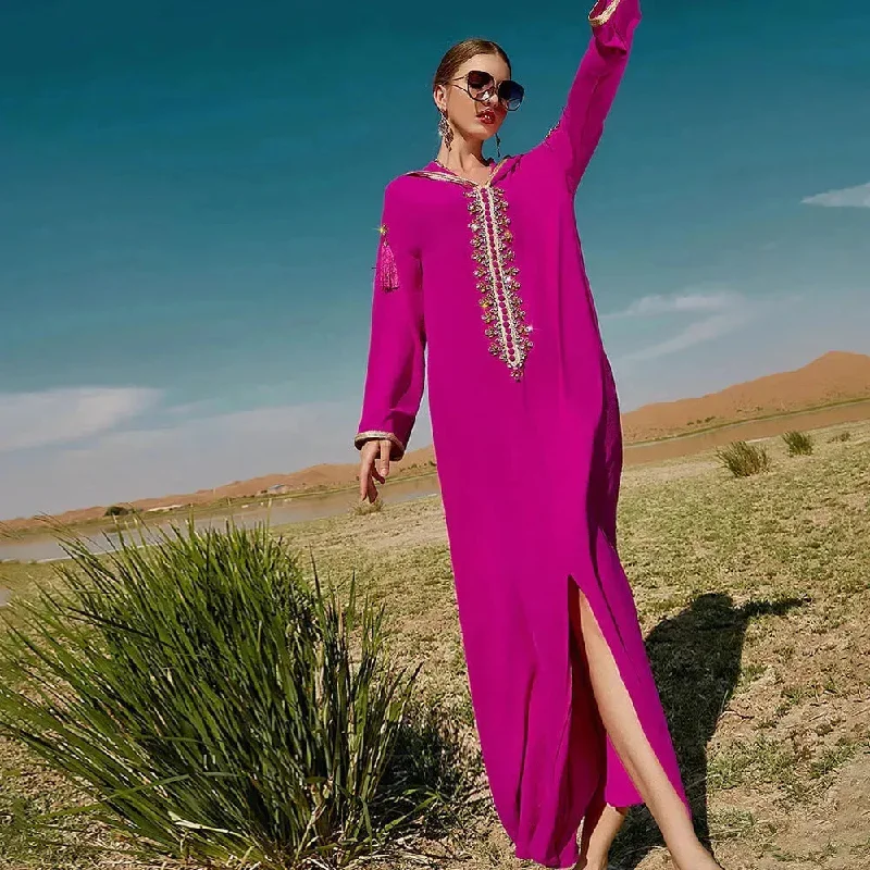 Women's Luxury Rose Red Hooded Middle East Moroccan Dubai Style Dress Fancy Embellish Summer Turkish dress Tunics Seasonal trendy
