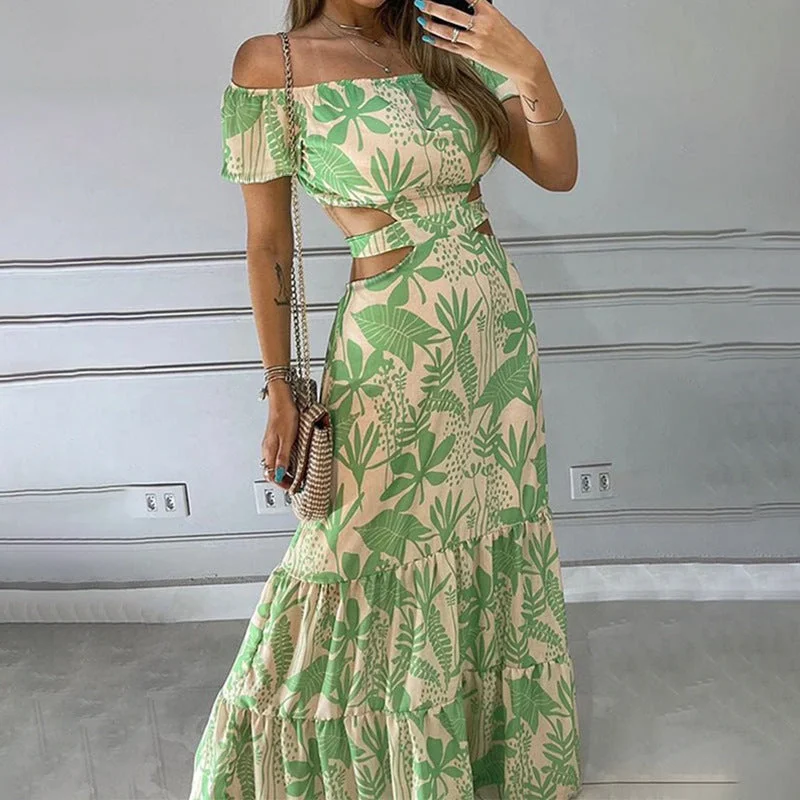 Summer Women Clothing Printed Elegant off Shoulder High Waist Hollow Out Cutout out Ruffled Dress for Women Tunics Summer linen