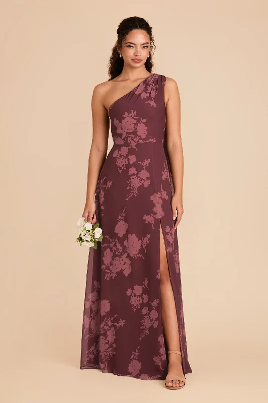 Melissa Chiffon Dress - Sangria Whimsical Blooms sweetheart Neckline Romantic