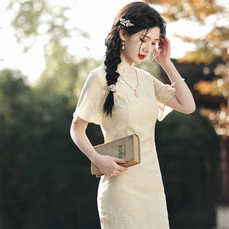 Floral Chiffon Cheongsam Dress Long and Breathable Qipao with Flared Sleeves Tunics stripes playful