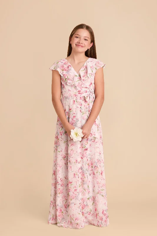 Jax Junior Chiffon Dress - Pink Falling Petals Turtleneck Neckline Stylish