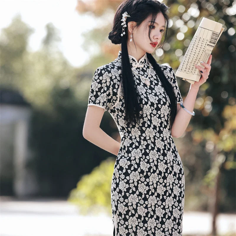 Fresh Literary Style Long Cheongsam Dress with Elastic Cotton Jacquard Tunics Denim casual