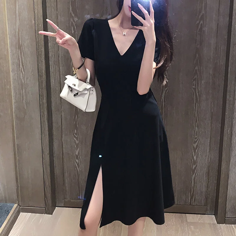 Wjczt Big size women's 2022 new heart machine V collar open fork French small black skirt fat mm age thin dress summer Tunics Fleece cozy