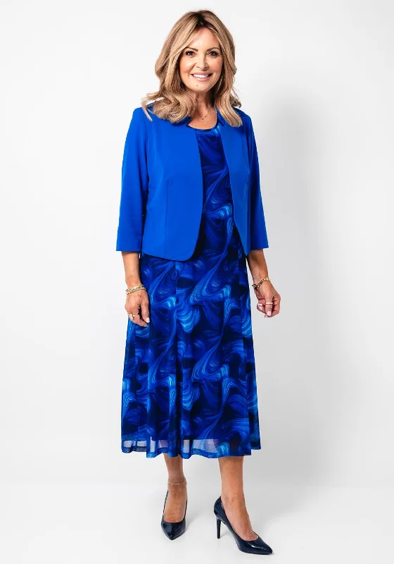 Via Veneto Abstract Print Dress and Bolero Set, Blue Tunics Satin smooth