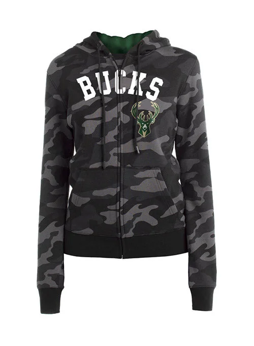 Women's New Era Cap Company Dark Camo Word Black Milwaukee Bucks Hoodie Hoodie with Full-Zip Functional Layering