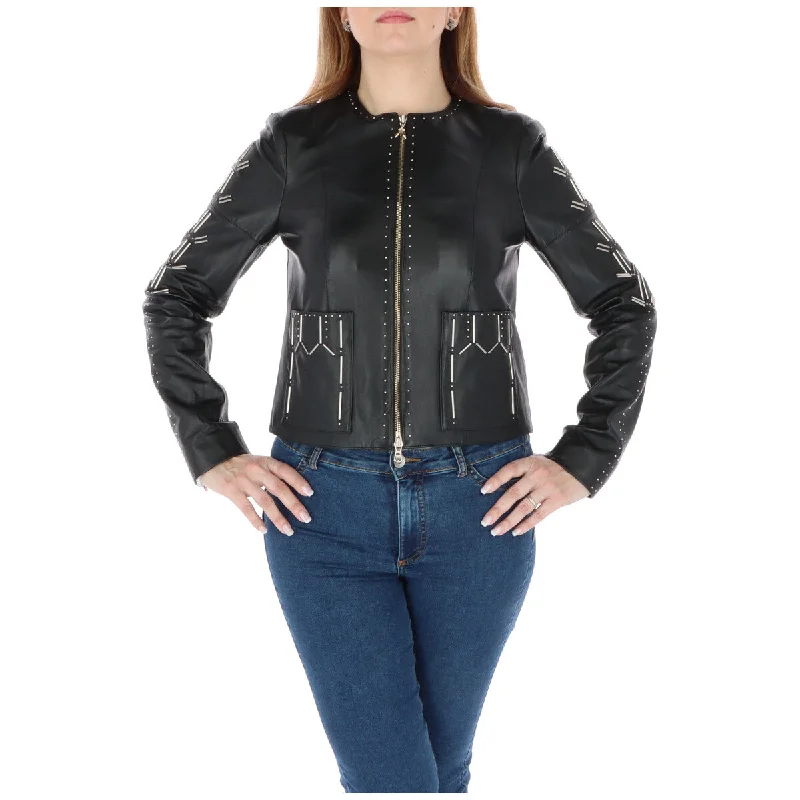 Patrizia Pepe  Women's Black Leather Jacket with Gold-Tone Studs Knit Jacket Woven Jacket Fleece Jacket