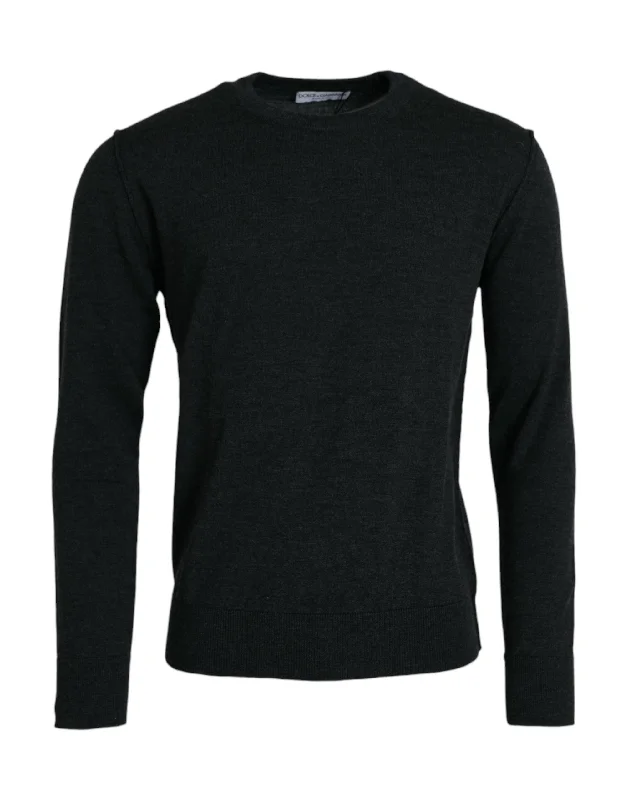 Dark Gray Wool Crew Neck Pullover Sweater Fitted Ribbed Sweater