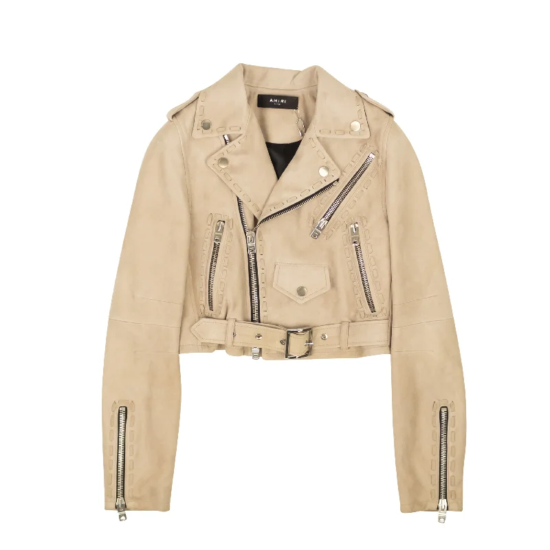 Amiri Sand Braided Suede Cropped Biker Jacket Wool Fabric Cashmere Fabric Tweed Fabric