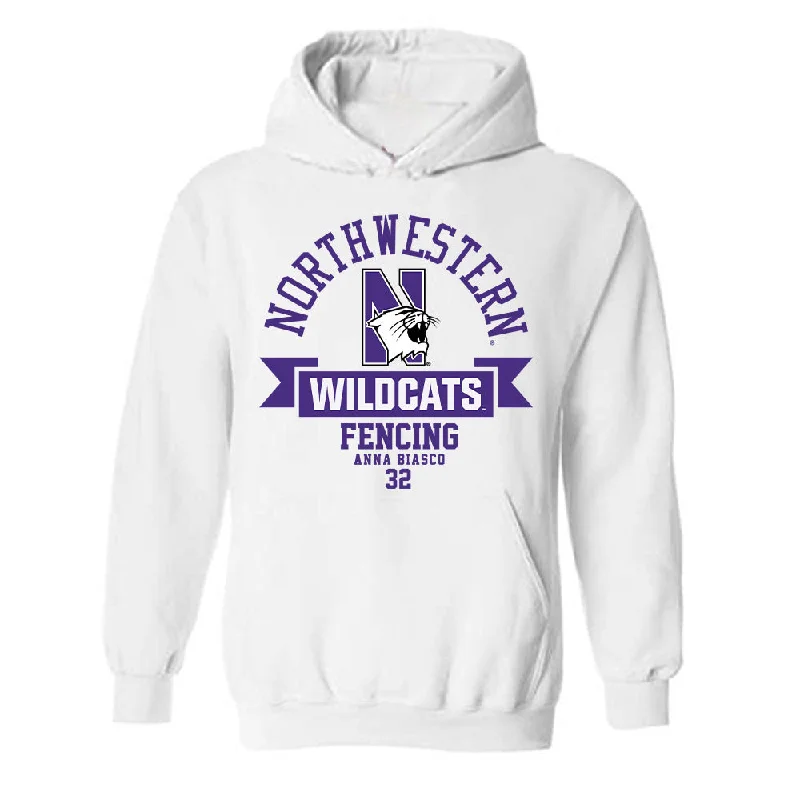 Northwestern - NCAA Women's Fencing : Anna Biasco - Classic Fashion Shersey Hooded Sweatshirt Hoodie with Hem Raw Edge Edgy Unfinished