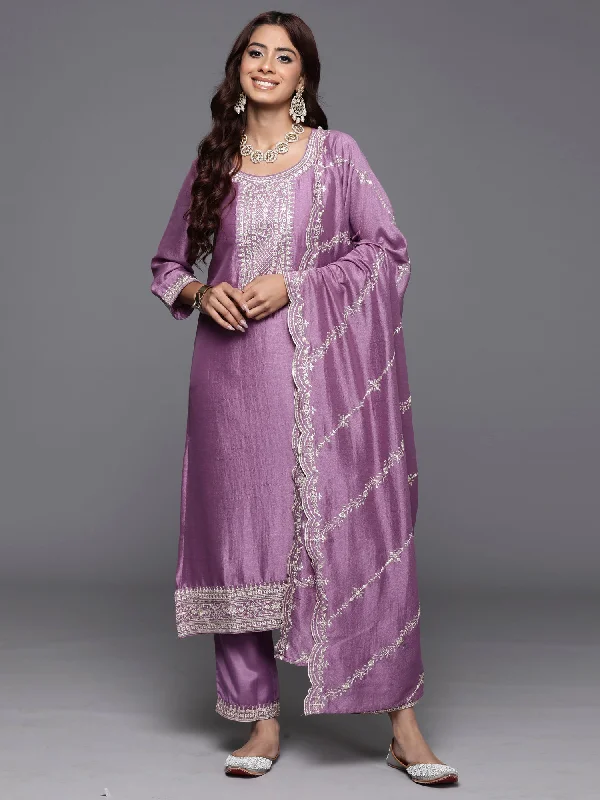 Women Lavender Embroidered Straight Kurta Trousers With Dupatta Set Trousers Pleated Formal