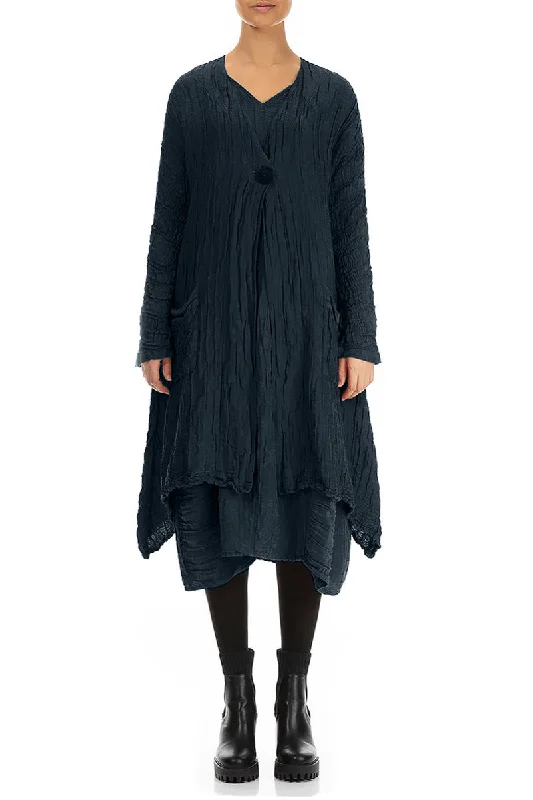 Dropped Edge Crinkled Midnight Blue Silk Linen Jacket Print Jacket Jacquard Jacket Embroidered Jacket