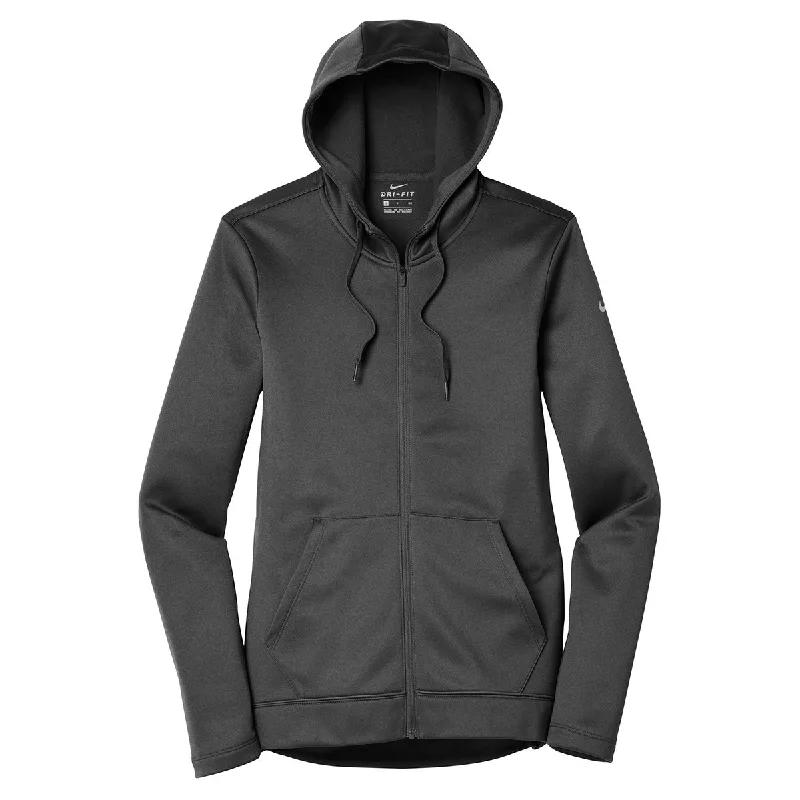 Nike Women's Anthracite Therma-FIT Full-Zip Fleece Hoodie Hoodie with Batwing Sleeves Loose Dramatic
