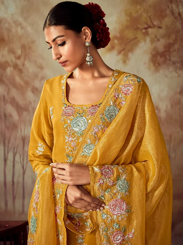 Women Mustard Embroidered Straight Kurta Trousers With Dupatta Set Trousers Timeless Classic