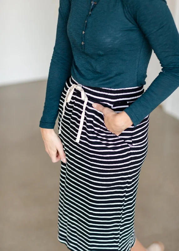 Striped Drawstring Waist Knit Midi Skirt - FINAL SALE chiffon skirt lightweight