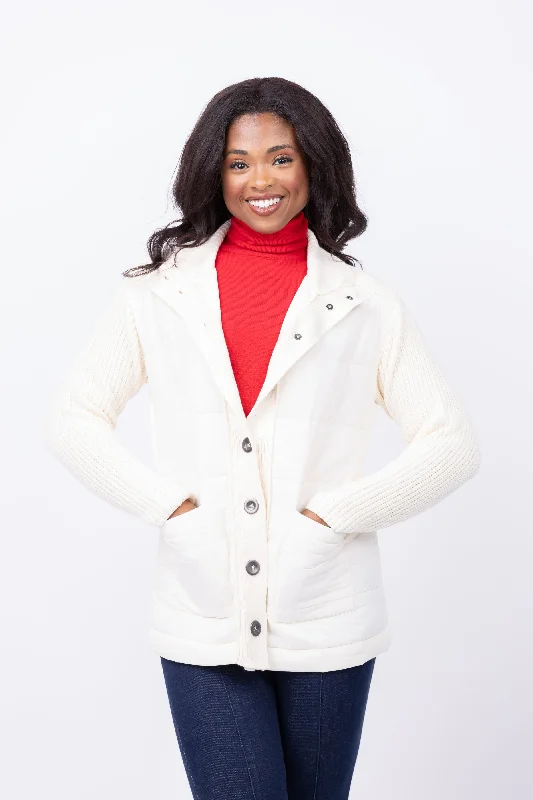 Nic + Zoe Mix Media Quilted Puffer Jacket in Classic Cream Welt Pockets Slit Pockets Flap Pockets