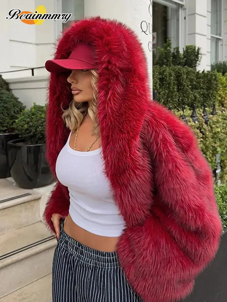 FZ Women's Turn-down Collar Red Hooded Fluffy Faux Fur High Street Jacket Embroidered Jacket Appliqued Jacket Beaded Jacket