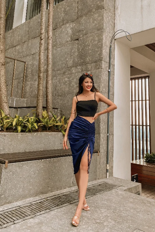 Cersei Asymmetrical Ruched Satin Skirt in Navy Blue cotton skirt soft