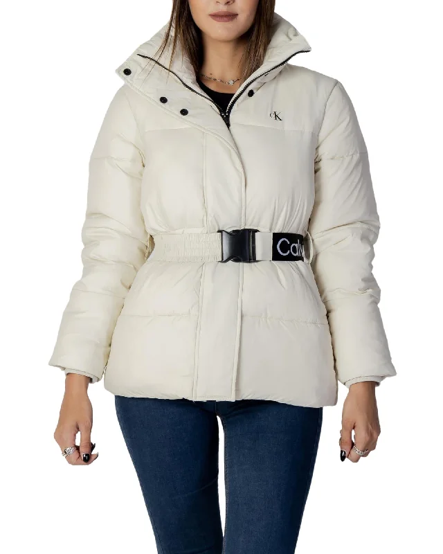 Calvin Klein Jeans  Women's Belted Puffer Jacket White Tailored Jacket Straight Jacket A-Line Jacket