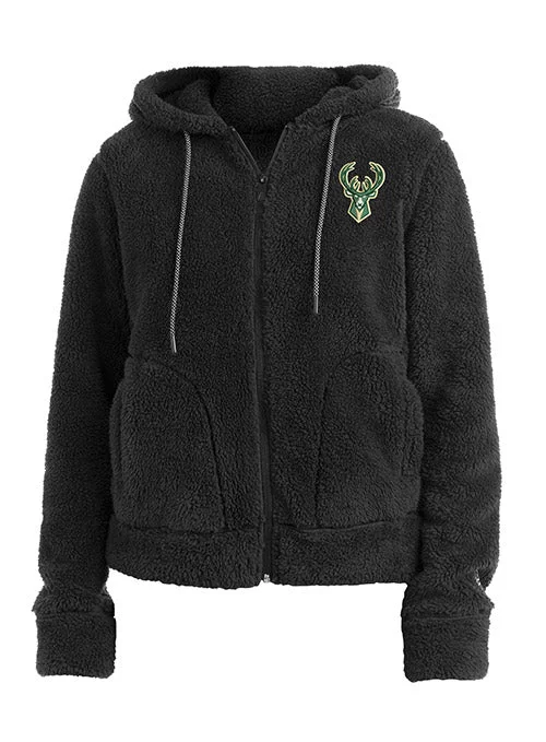 Women's New Era Dark Sherpa Black Milwaukee Bucks Full-Zip Hooded Sweatshirt Hoodie with Exposed Zipper Edgy Industrial