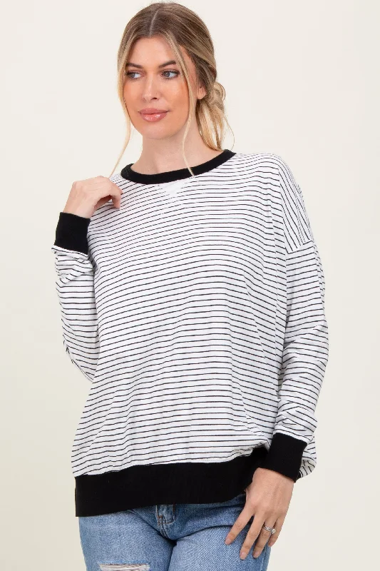 White Striped Oversized Crewneck Pullover Chenille Soft Sweater