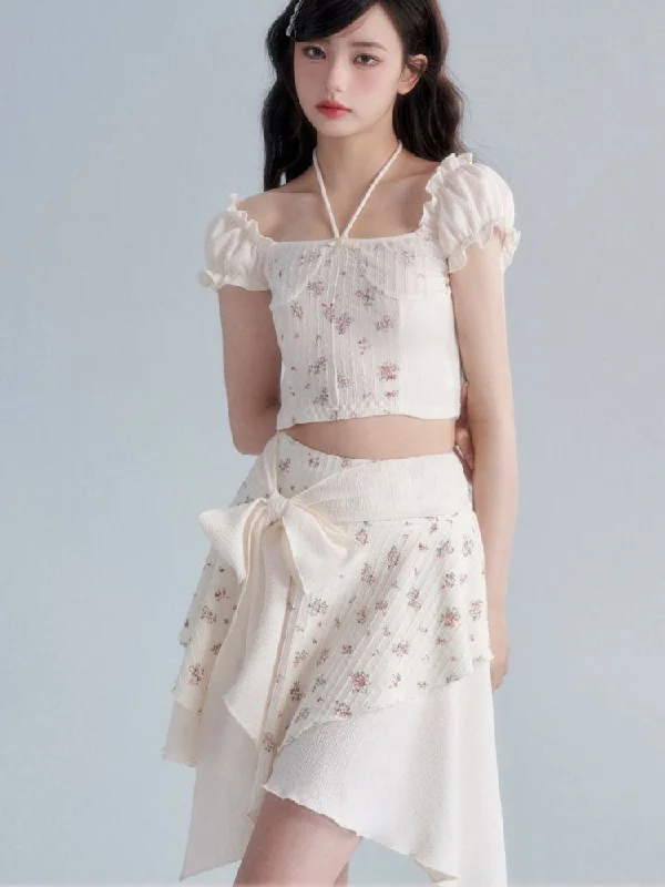 Retro Cream Floral Top / Bow Knot Skirt Set【s0000002006】 relaxed fit skirt