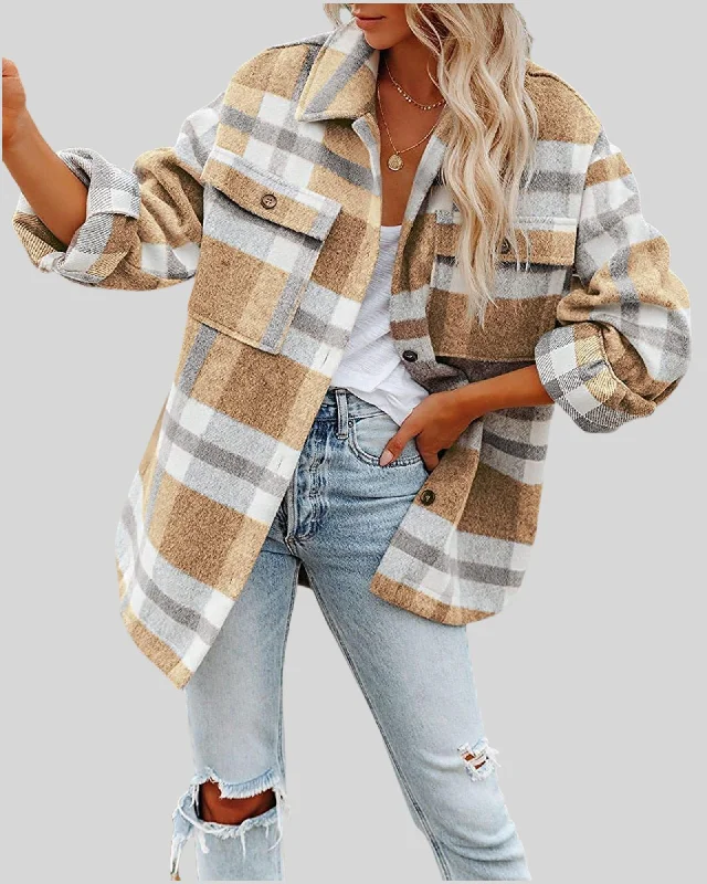 Women’s Casual Plaid Jacket   Long Sleeve Fall Shirt Jacket Coat Tops-khaki Fleece Fabric Down Fabric Feather Fabric