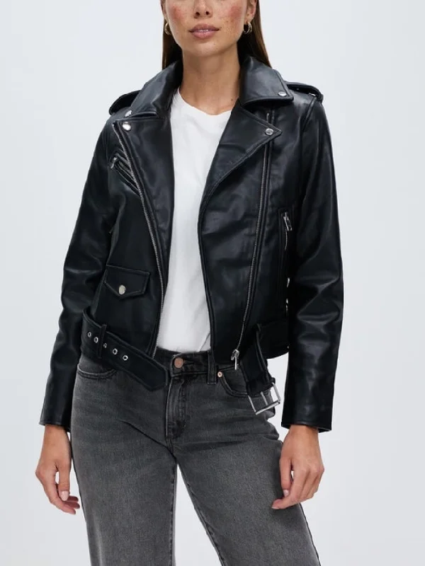 Women's Faux Leather Classic Asymmetrical Motorcycle Black Jacket by Kaja Clothing - Caroline Leather Jacket Chenille Fabric Brocade Fabric Lace Fabric