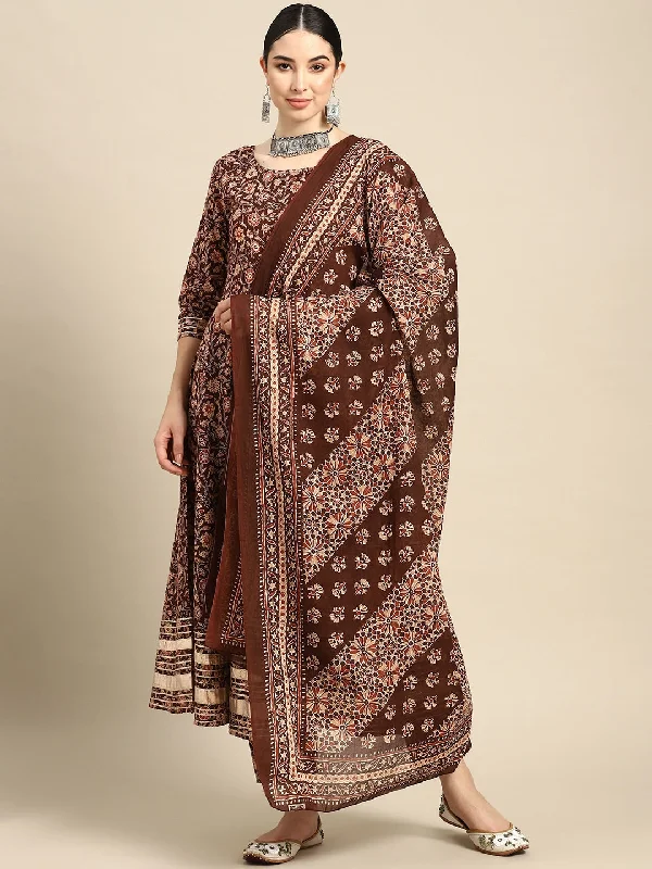 Women's Brown Floral Printed Anarkali Kurta With Trouser And Dupatta - Nayo Clothing Trousers Business Professional Women's Brown Floral Printed Anarkali Kurta With Trouser And Dupatta - Nayo Clothing Trousers Business Professional
