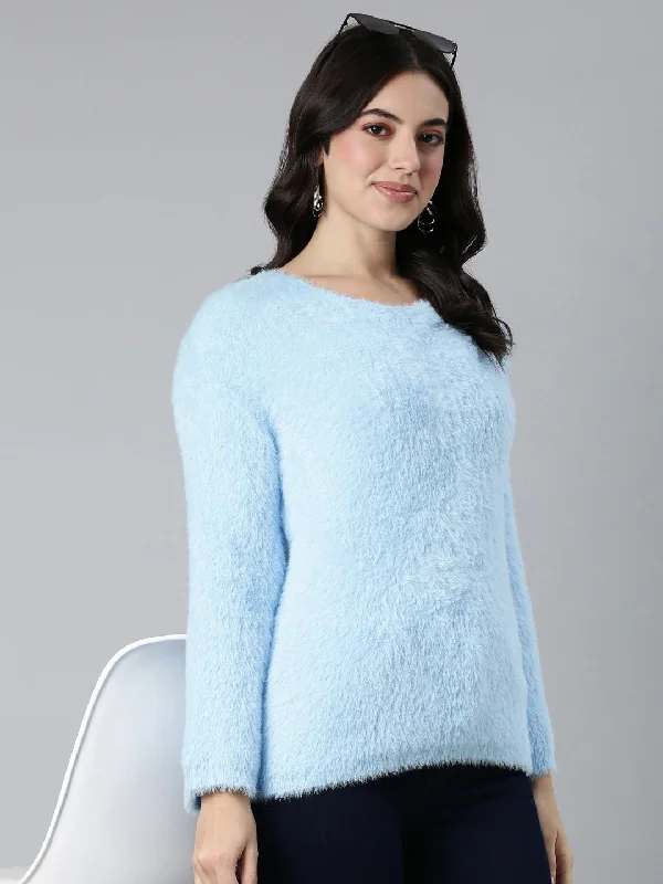 Women Solid Blue Drop Shoulder Pullover-CHN-2371-Blue Boat Neck Sweater