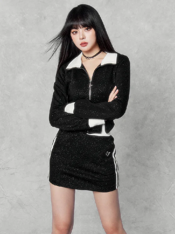 Black Glitter Sweatshirt/Cropped A-Line Skirt VOC0174 Hoodie with Turtle Neck Cozy Winter