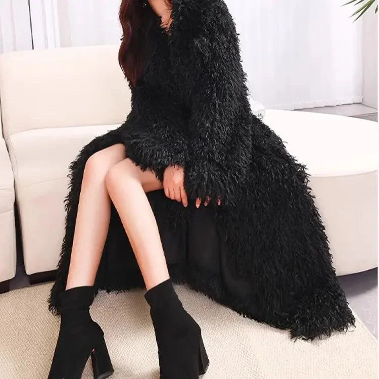 FZ Women's Wool Fur Lace up Casual Warm Plush Jacket Toggled Jacket Drawstring Jacket Belted Jacket