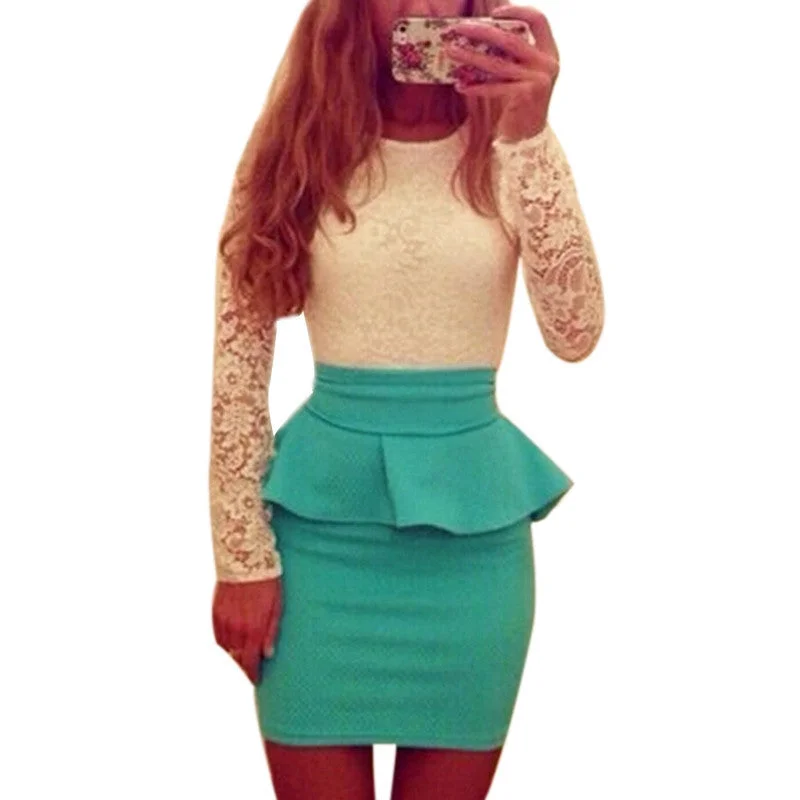 Style Long Sleeve Women Patchwork O Neck Bodycon Lace Party Peplum Flounce Bandage Pencil Dress Plus Size Vestidos