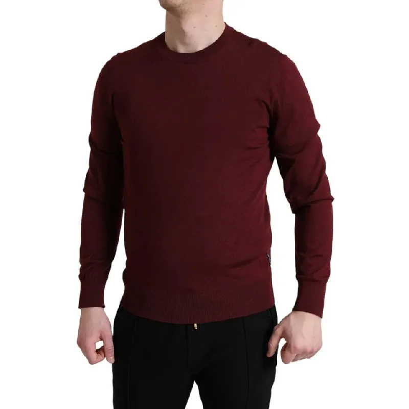 Bordeaux Wool Knit Crew Neck Pullover Sweater Cable Knit Chunky