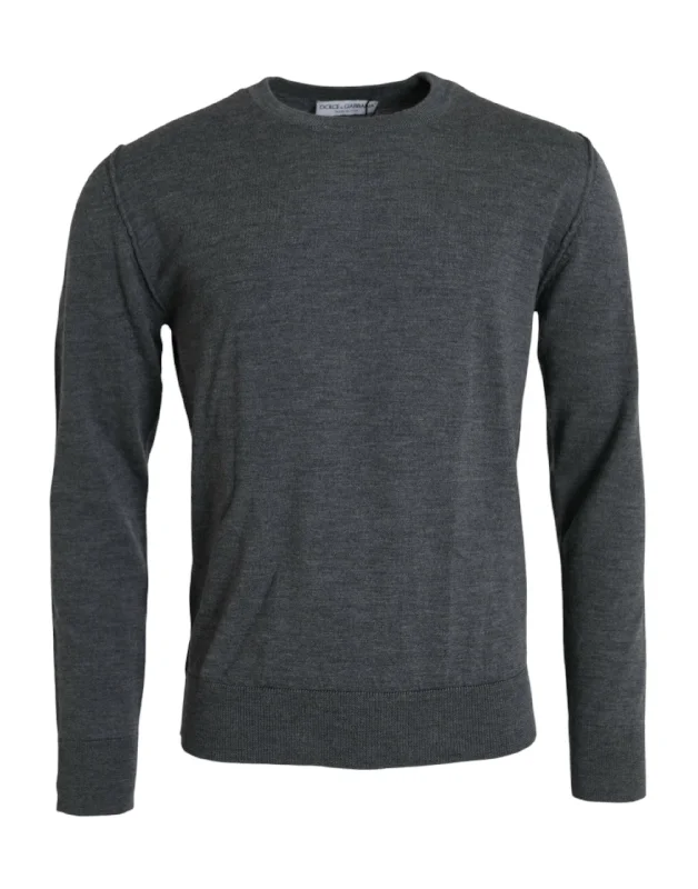 Dark Gray Wool Crew Neck Pullover Sweater Thick Cable Knit