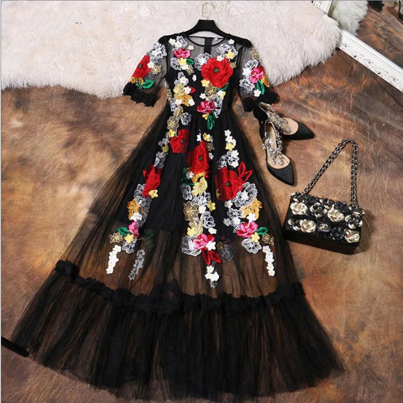 Luxury Dress 2017 Summer Fashion Elegant Flower Embroidery Appliques Black Mesh Slim Women Vintage Long Dress