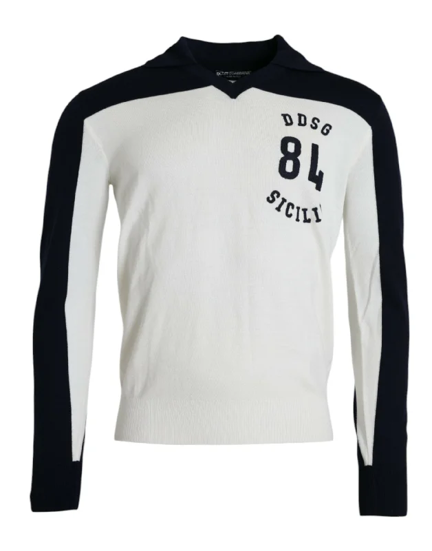 White Black Sicilia Henley Shirt Pullover Sweater Thin Wool Pullover