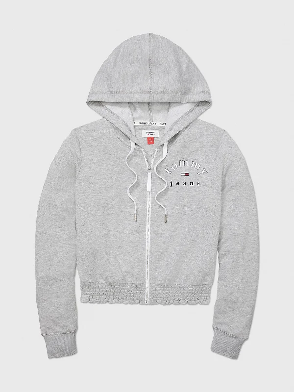 Tommy Hilfiger Smocked-Waist Logo Zip Hoodie - Women Hoodie with Hem Detail Decorative Unique