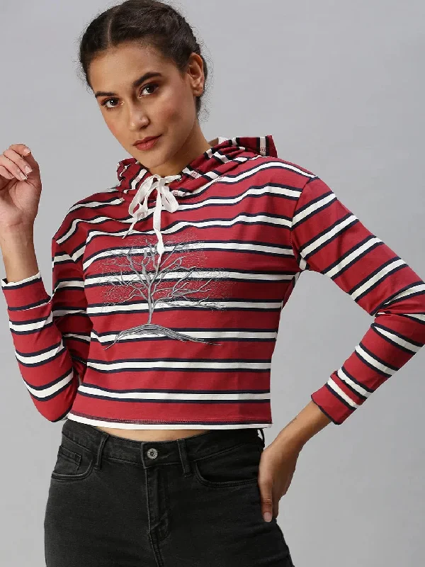 Women's Red Striped Crop Pullover Sweatshirt-AF-1778-Maroon Soft Wool Sweater