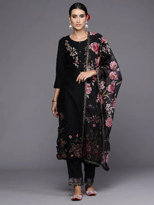 Women Black Embroidered Straight Kurta Trousers With Dupatta Set Chinos Cotton Straight Leg