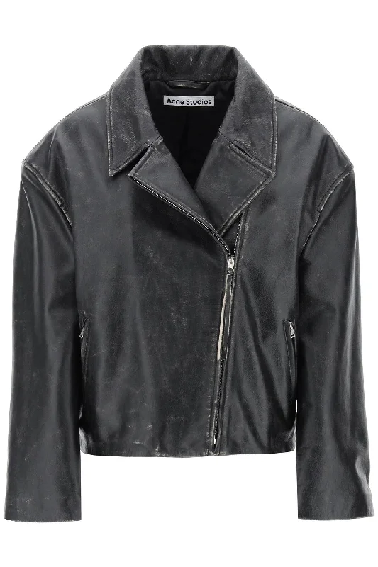 'vintage leather jacket with distressed effect A70170 BLACK Fitted Jacket Loose Jacket Oversized Jacket