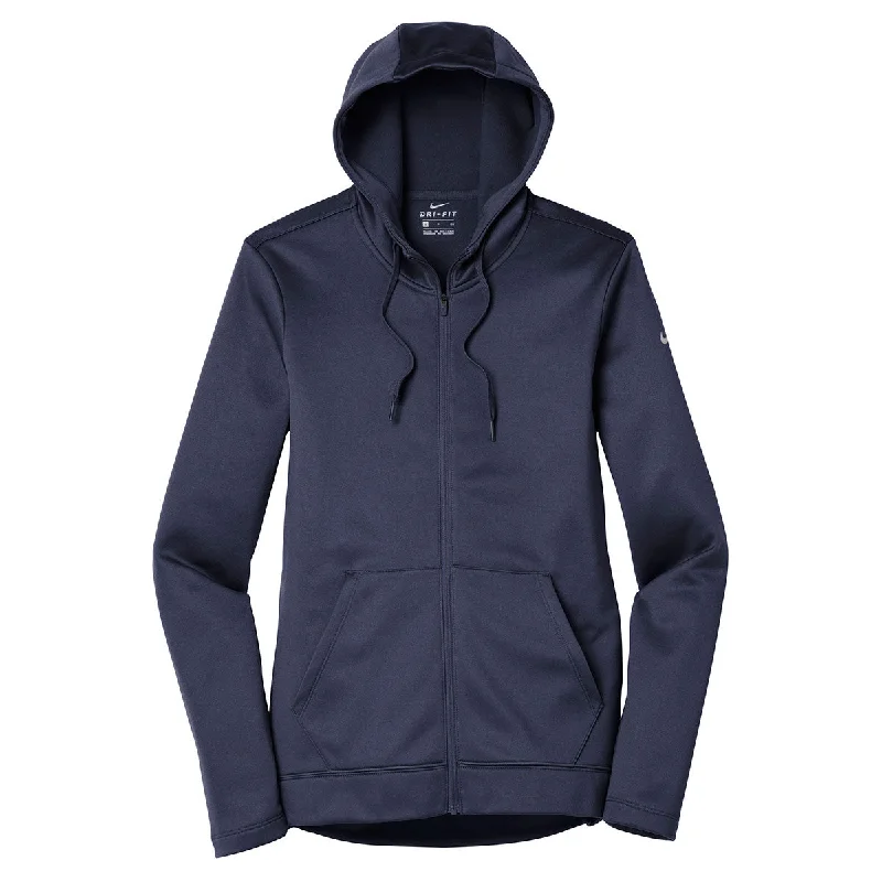 Nike Women's Midnight Navy Therma-FIT Full-Zip Fleece Hoodie Hoodie with Puffed Sleeves Voluminous Trendy