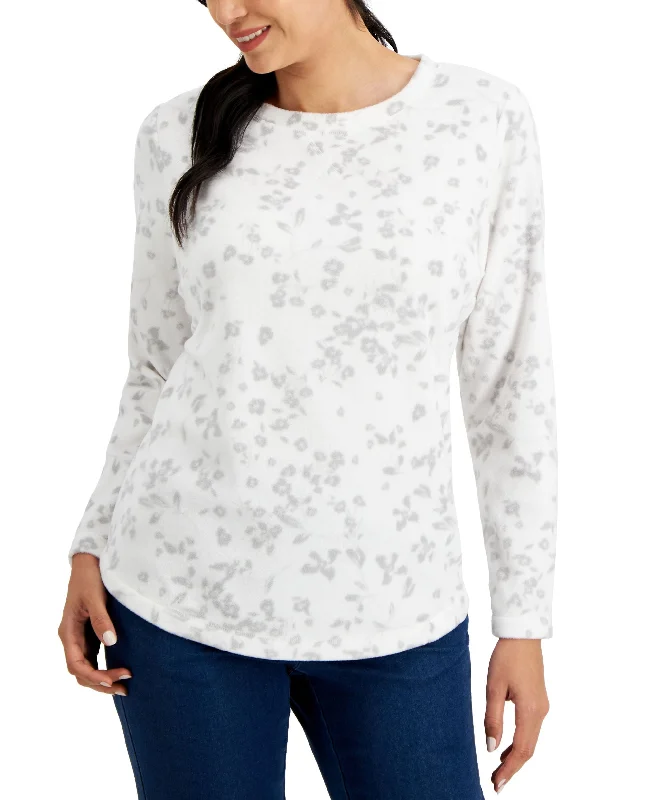 Petite Cotton Floral-Print Microfleece Pullover Top Peter Pan Collar