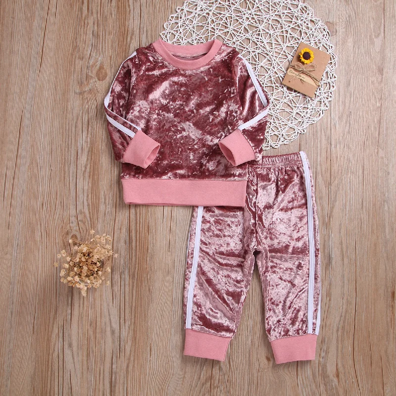 Breathable Clothes Set Cute Fashion O-Neck Long Sleeve Gold Velvet Sweatshirt Trousers Soft Outfits Baby Girls Tracksuit Sets Trousers Lace Delicate