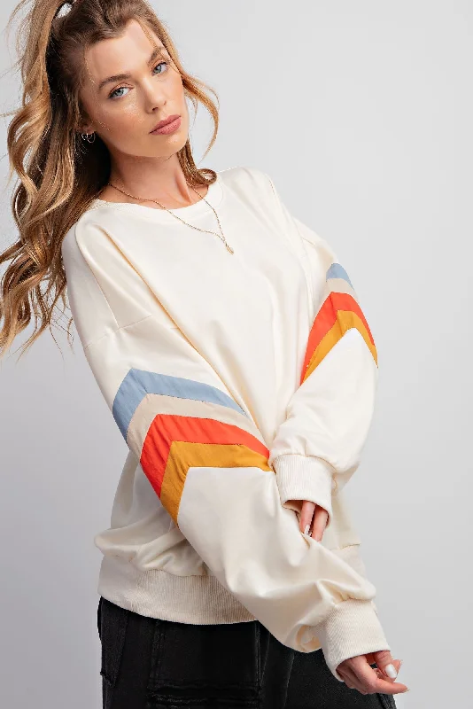 Ivory Banded Bottom Terry Pullover Cold Shoulder Design