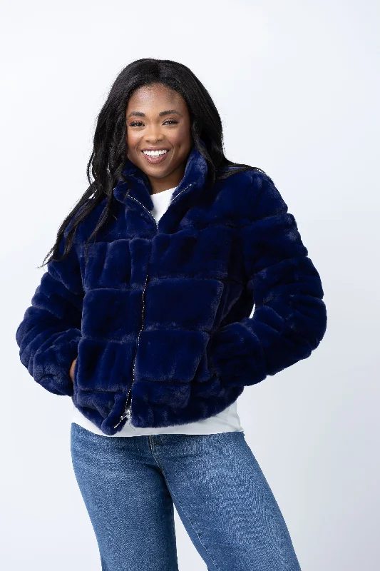 Love Token Alex Faux Fur Jacket in Indigo Insulated Jacket Fitted Jacket Loose Jacket