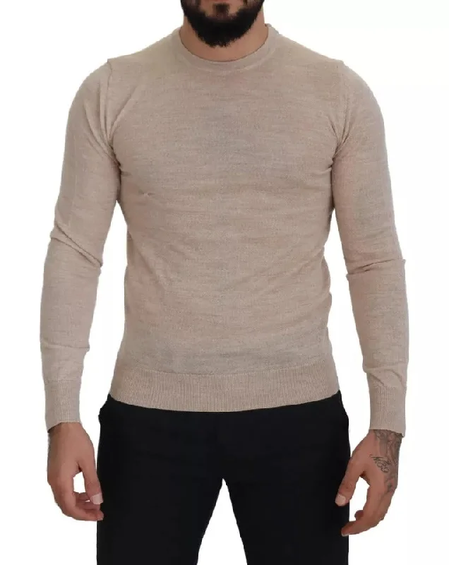 Beige Virgin Wool Crew Neck Pullover Sweater Turtleneck Warm Pullover