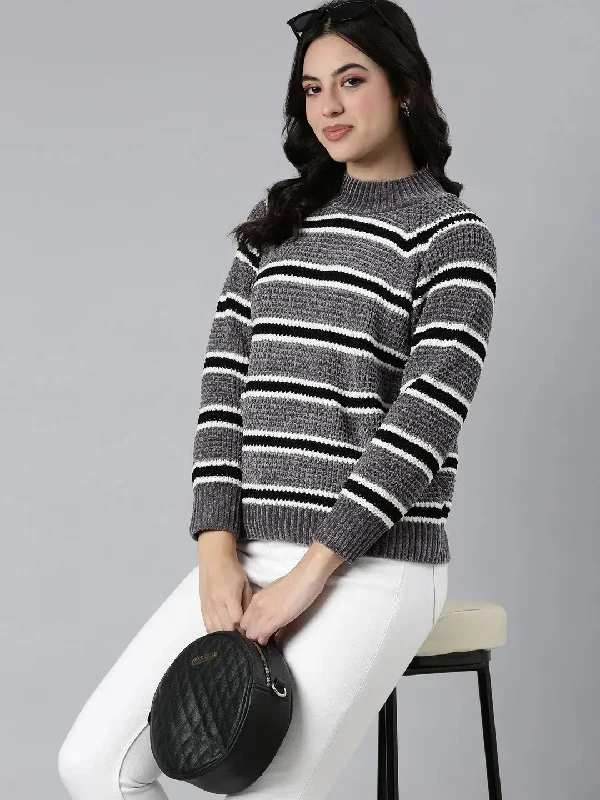 Women Striped Grey Pullover-565-Grey Seamless Knit Pullover